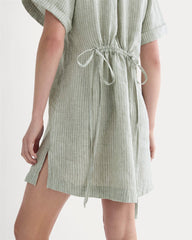 The Popover Dress In Linen | Oil Green / White
