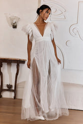 Heaven'S Love Deep V-Neck Tulle Maxi Dress White