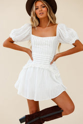 Sunshine Lane Milkmaid Sleeve Lace-Up Back Dress White