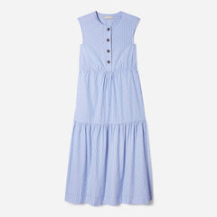 The Tiered Midi Dress | White / Blue Mini Stripe