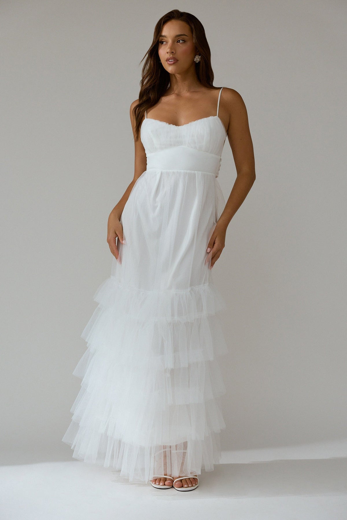 Nerida Twist Back Frill Trim Mesh Maxi Dress White