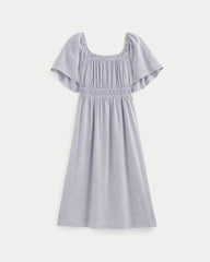 The Flutter-Sleeve Dress In Stretch Linen | White / Dutch Blue