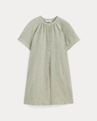 The Popover Dress In Linen | Oil Green / White