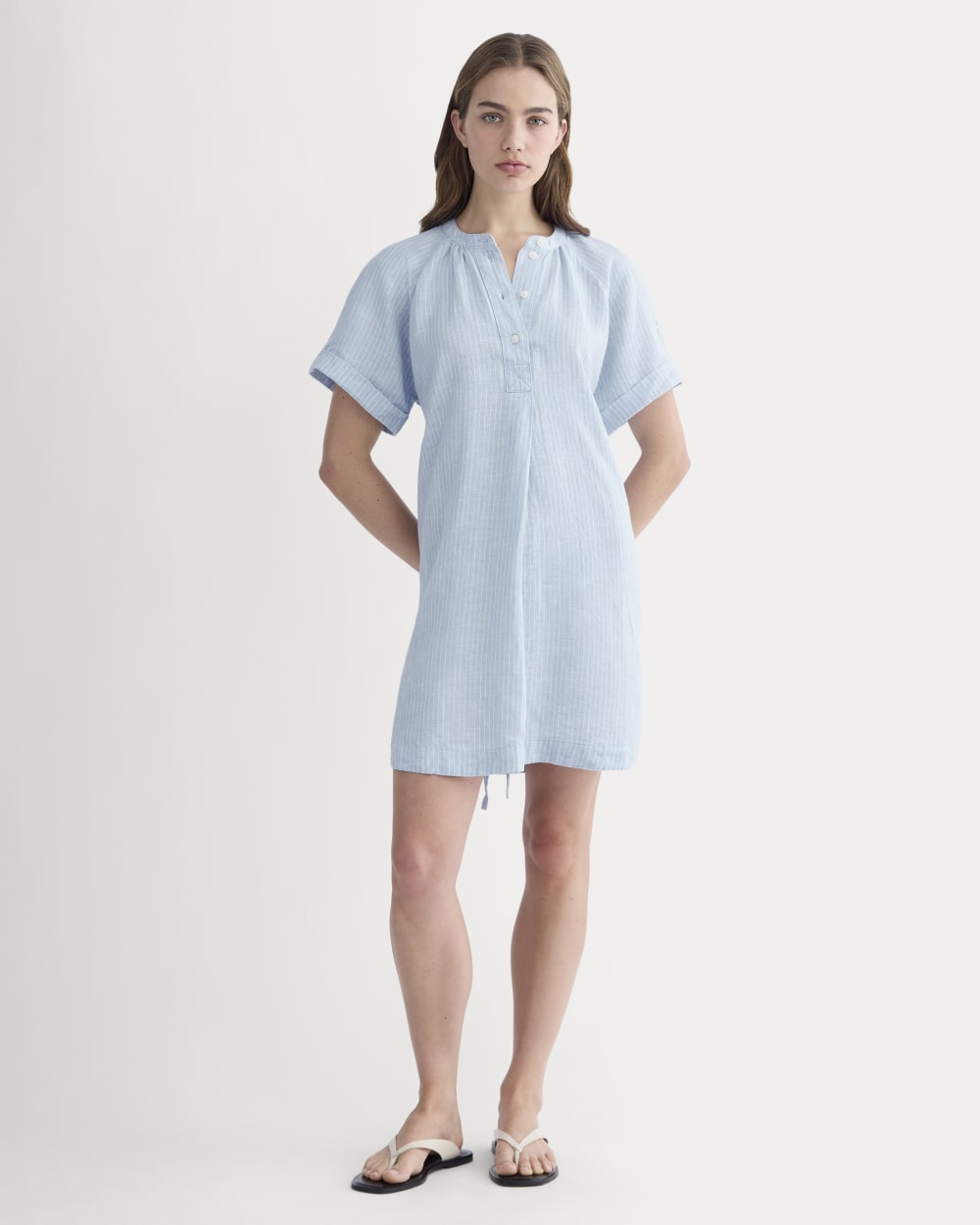 The Popover Dress In Linen | Sky Blue / White