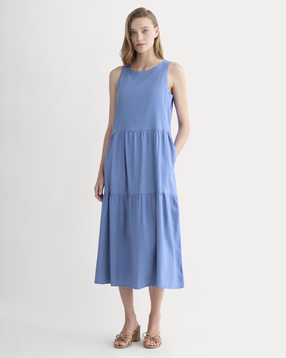 The Tiered Dress In Stretch Linen | Bluebell