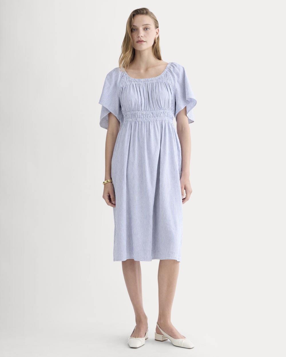 The Flutter-Sleeve Dress In Stretch Linen | White / Dutch Blue